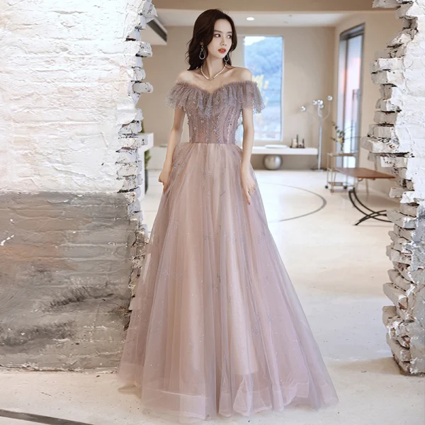 Charmant Violet Gris Robe De Soirée 2021 Princesse De l'épaule Perlage Perle Faux Diamant Manches Courtes Dos Nu Train De Balayage Robe De Ceremonie