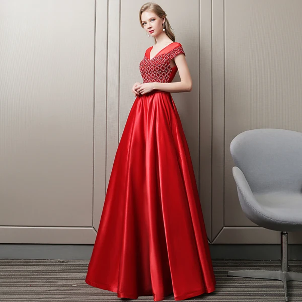 Luxury / Gorgeous Red Evening Dresses  2018 A-Line / Princess Handmade  Beading Crystal Rhinestone V-Neck Backless Short Sleeve Floor-Length / Long Formal Dresses