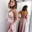 Chic / Belle Rougissant Rose Voyage de noces Robes longues 2019 Princesse Fond croisé plongeant Bretelles Spaghetti Dos Nu Sans Manches Fendue devant Longue Vêtements Femme