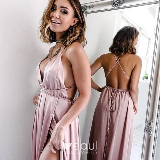 Chic Beautiful Blushing Pink Honeymoon Maxi Dresses 2019 A Line Princess Plunging Cross Back Spaghetti Straps Backless Sleeveless Split Front Floor Length Long Womens Clothing