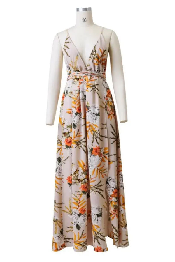 Chic / Belle Beige Plage Robes longues 2019 Impression Bretelles Spaghetti Fond croisé plongeant Dos Nu Sans Manches Longue Vêtements Femme