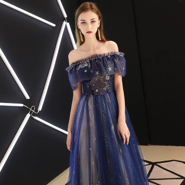 Moderne / Mode Bleu Roi Robe De Soirée 2019 Princesse Perlage Glitter Paillettes De l'épaule Dos Nu Manches Courtes Longue Robe De Ceremonie
