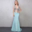 Sexy Bleu Robe De Soirée 2019 Trompette / Sirène Transparentes Paillettes Faux Diamant V-Cou Dos Nu Sans Manches Train De Balayage Robe De Ceremonie