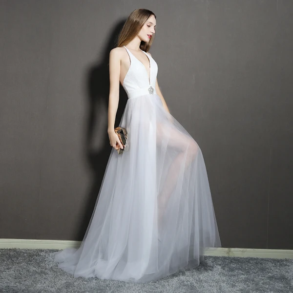 Sexy Black Evening Dresses 2019 A-Line / Princess Rhinestone Sequins V-Neck Sleeveless Plunging Cross-Back Backless Floor-Length / Long Formal Dresses