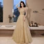 Charming Champagne Prom Dresses 2021 A-Line / Princess Square Neckline Beading Short Sleeve Backless Floor-Length / Long Prom Formal Dresses