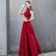 Chinese style Burgundy Evening Dresses  2019 A-Line / Princess Beading Lace Crystal Scoop Neck Cap Sleeves Backless Floor-Length / Long Formal Dresses