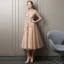 Chic / Beautiful Champagne Homecoming Graduation Dresses 2018 A-Line / Princess Lace Appliques Rhinestone Sequins Scoop Neck Short Sleeve Tea-length Formal Dresses