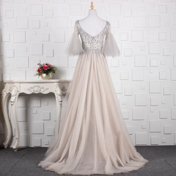 Modern / Fashion Grey Handmade Beading Evening Dresses 2019 A-Line / Princess Rhinestone Sequins V-Neck Bell sleeves Backless Floor-Length / Long Formal Dresses