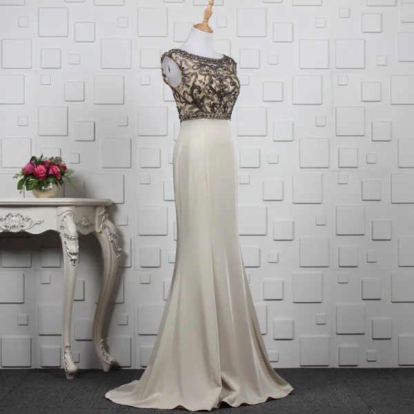 Luxury / Gorgeous Khaki Handmade  Beading Evening Dresses  2019 Trumpet / Mermaid Crystal Rhinestone Scoop Neck Sleeveless Backless Sweep Train Formal Dresses