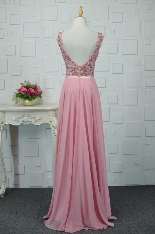 Moderne / Mode Rose Bonbon Fait main Perlage Robe De Soirée 2019 Princesse Cristal Perle Paillettes V-Cou Sans Manches Dos Nu Longue Robe De Ceremonie