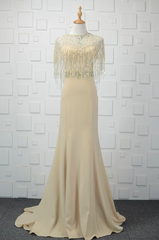 Moderne / Mode 2 Pièces Perlage Perle Rose Robe De Soirée 2019 Trompette / Sirène Cristal Faux Diamant Gland Encolure Dégagée Sans Manches Longue Robe De Ceremonie