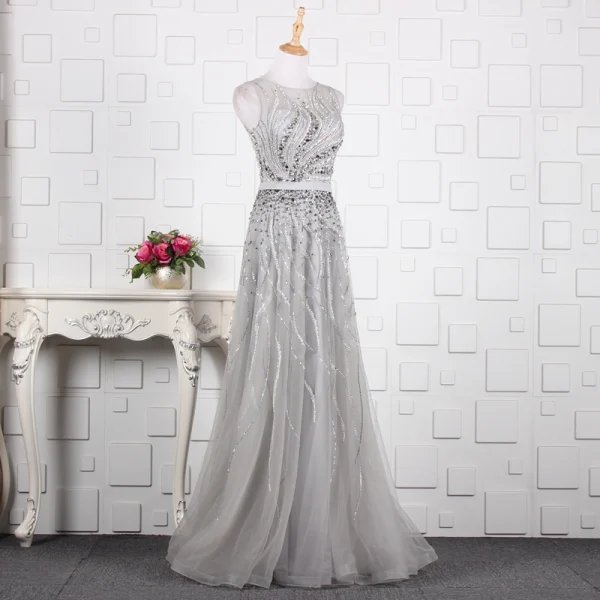 Luxe Champagne Fait main Perlage Robe De Soirée 2019 Princesse Cristal Paillettes Faux Diamant Encolure Dégagée Sans Manches Longue Robe De Ceremonie