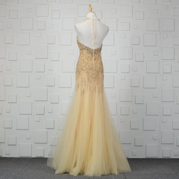 Luxe Champagne Fait main Perlage Robe De Soirée 2019 Trompette / Sirène Cristal Paillettes Faux Diamant Gland Titulaire Sans Manches Dos Nu Longue Robe De Ceremonie