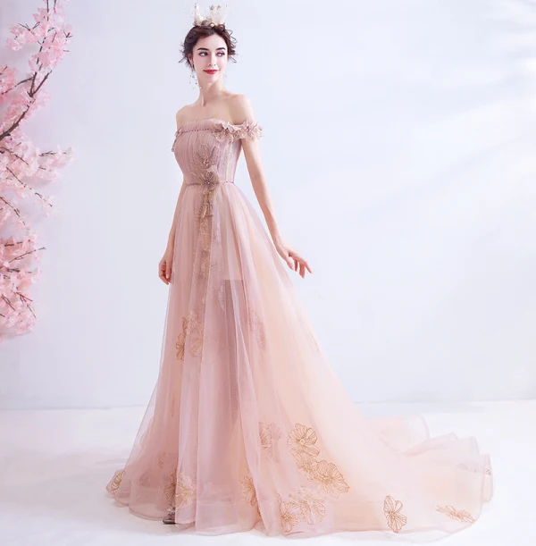 Mode Perle Rose Robe De Soirée 2021 Princesse De l'épaule Glitter Perlage Faux Diamant Paillettes Sans Manches Dos Nu Train De Balayage Robe De Ceremonie