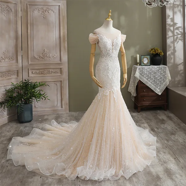 Sexy Champagne Wedding Dresses 2021 Trumpet / Mermaid Scoop Neck Sequins Lace Flower Short Sleeve Backless Cathedral Train Wedding