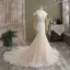 Sexy Champagne Wedding Dresses 2021 Trumpet / Mermaid Scoop Neck Sequins Lace Flower Short Sleeve Backless Cathedral Train Wedding