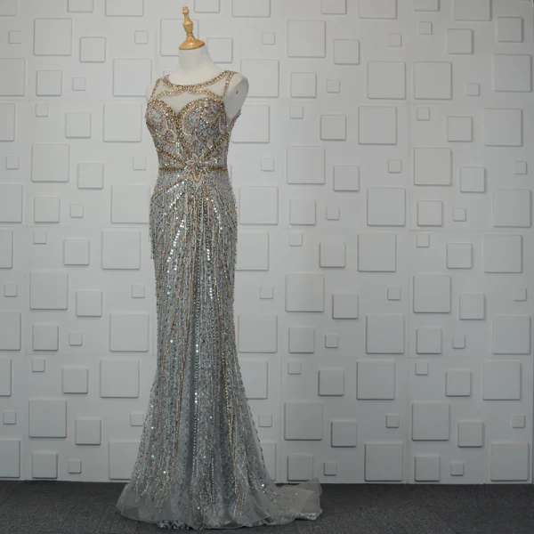 Luxury / Gorgeous Silver Handmade  Beading Evening Dresses  2019 Trumpet / Mermaid Crystal Sequins Rhinestone Tassel Scoop Neck Sleeveless Sweep Train Formal Dresses