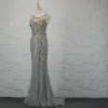 Luxury / Gorgeous Silver Handmade  Beading Evening Dresses  2019 Trumpet / Mermaid Crystal Sequins Rhinestone Tassel Scoop Neck Sleeveless Sweep Train Formal Dresses