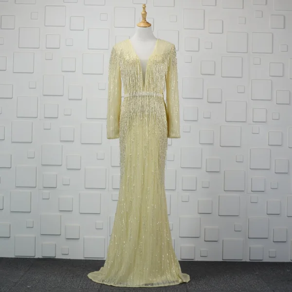 Luxe Scintillantes Argenté Fait main Perlage Robe De Soirée 2019 Trompette / Sirène Cristal Paillettes Gland V-Cou Manches Longues Dos Nu Train De Balayage Robe De Ceremonie