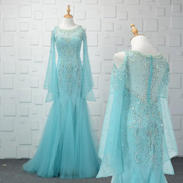 Luxury / Gorgeous Champagne Handmade Beading Evening Dresses 2019 Trumpet / Mermaid Crystal Rhinestone Sequins Scoop Neck Bell sleeves Sweep Train Formal Dresses
