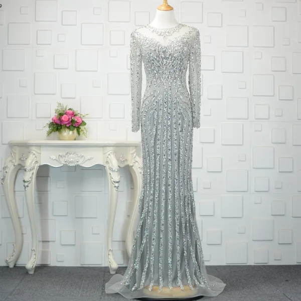 Luxury / Gorgeous Champagne Handmade Beading Evening Dresses 2019 Trumpet / Mermaid Crystal Sequins Scoop Neck Long Sleeve Sweep Train Formal Dresses