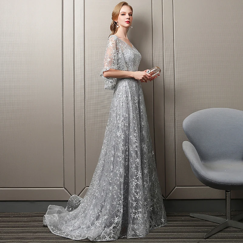 Elegant Silver Star Evening Dresses 2018 A Line Princess Lace Crystal  Beading V Neck Backless 1 2 Sleeves Sweep Train Formal Dresses