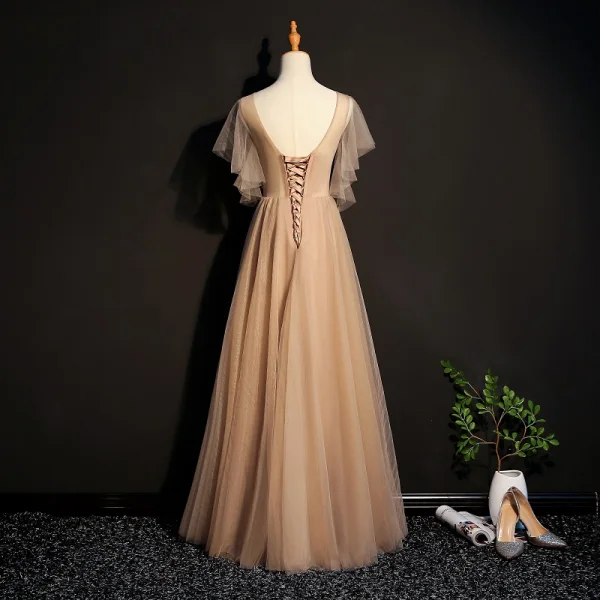 Elegant Champagne Prom Dresses 2019 A-Line / Princess Lace Appliques Beading Crystal V-Neck Short Sleeve Backless Floor-Length / Long Formal Dresses