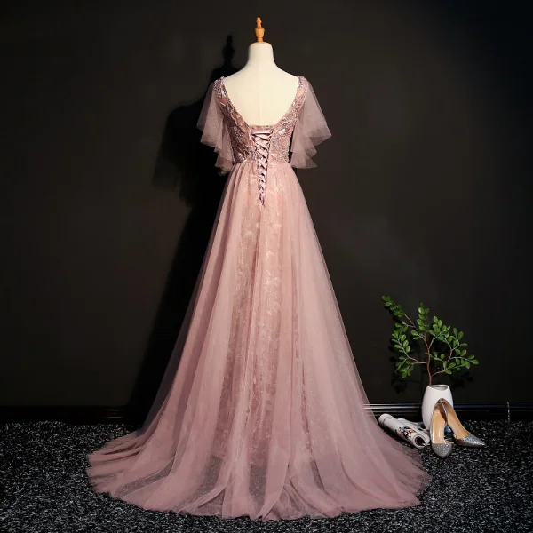 Elegant Pearl Pink Evening Dresses 2019 A-Line / Princess Lace Beading Crystal V-Neck Short Sleeve Backless Sweep Train Formal Dresses