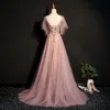 Elegant Pearl Pink Evening Dresses  2019 A-Line / Princess Lace Beading Crystal V-Neck Short Sleeve Backless Sweep Train Formal Dresses