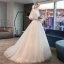 Elegant Ivory Wedding Dresses 2019 A-Line / Princess Pleated Lace Beading Crystal Off-The-Shoulder Short Sleeve Backless Court Train