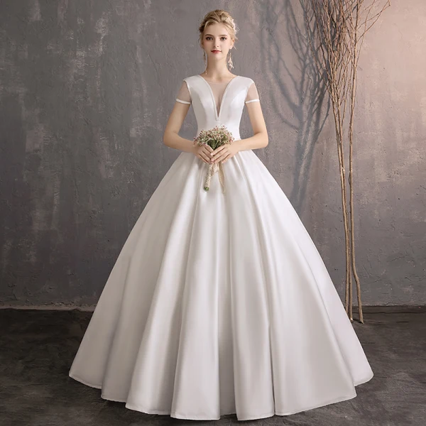 Modest / Simple Ivory Wedding Dresses 2019 Ball Gown Scoop Neck Short Sleeve Backless Floor-Length / Long