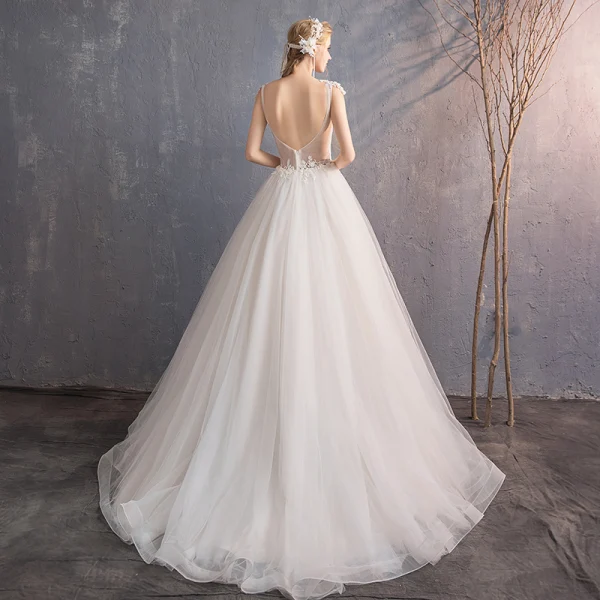 Elegant Ivory Wedding Dresses 2019 A-Line / Princess Lace Appliques Beading Sequins Scoop Neck Sleeveless Backless Court Train