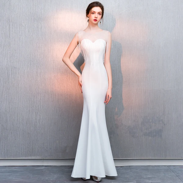 Charmant Rougissant Rose Robe De Soirée 2019 Trompette / Sirène Perlage Gland Encolure Dégagée Sans Manches Longue Robe De Ceremonie