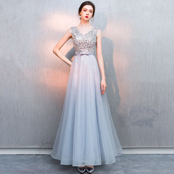 Chic / Beautiful Burgundy Evening Dresses 2019 A-Line / Princess Beading Sequins Bow V-Neck Backless Sleeveless Floor-Length / Long Formal Dresses