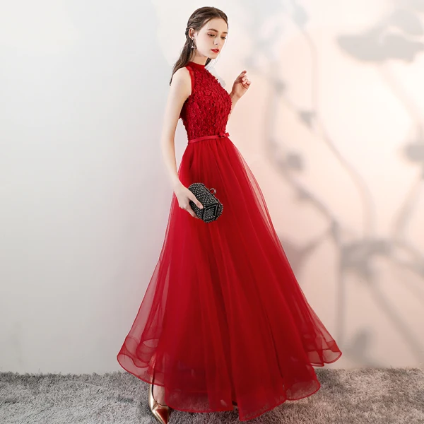 Chic / Beautiful Red Prom Dresses 2018 A-Line / Princess Appliques Lace Bow Scoop Neck Sleeveless Ankle Length Formal Dresses