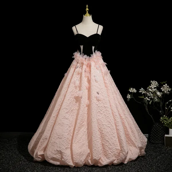 Élégant Rougissant Rose Perlage Paillettes Appliques Robe De Bal 2025 Robe Boule Bretelles Spaghetti Sans Manches Dos Nu Longue Robe De Ceremonie