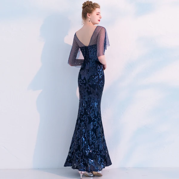 Scintillantes Bleu Marine Robe De Soirée 2019 Trompette / Sirène Paillettes Faux Diamant V-Cou Dos Nu Manches Courtes Longue Robe De Ceremonie