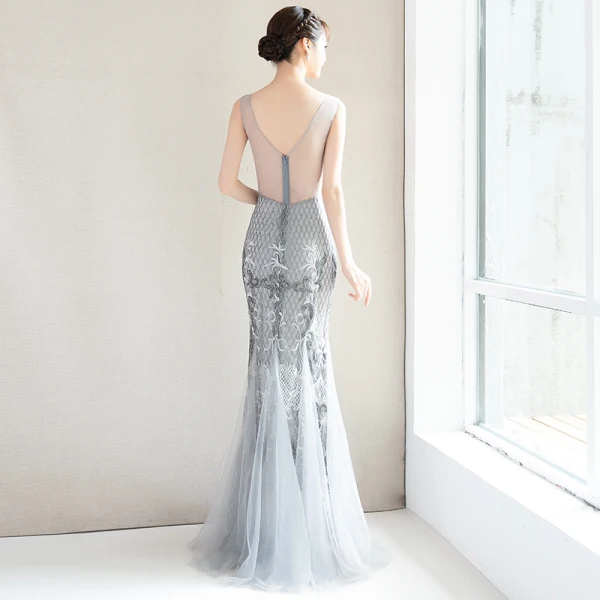 Charming Grey Evening Dresses 2019 Trumpet / Mermaid Lace Flower Crystal Sequins V-Neck Sleeveless Backless Floor-Length / Long Formal Dresses