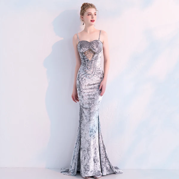 Sexy Argenté Robe De Soirée 2019 Trompette / Sirène Daim Perlage Perle Bretelles Spaghetti Sans Manches Dos Nu Train De Balayage Robe De Ceremonie