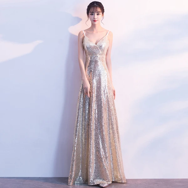 Scintillantes Doré Robe De Soirée 2019 Princesse Glitter Paillettes Bretelles Spaghetti Sans Manches Dos Nu Longueur Cheville Robe De Ceremonie