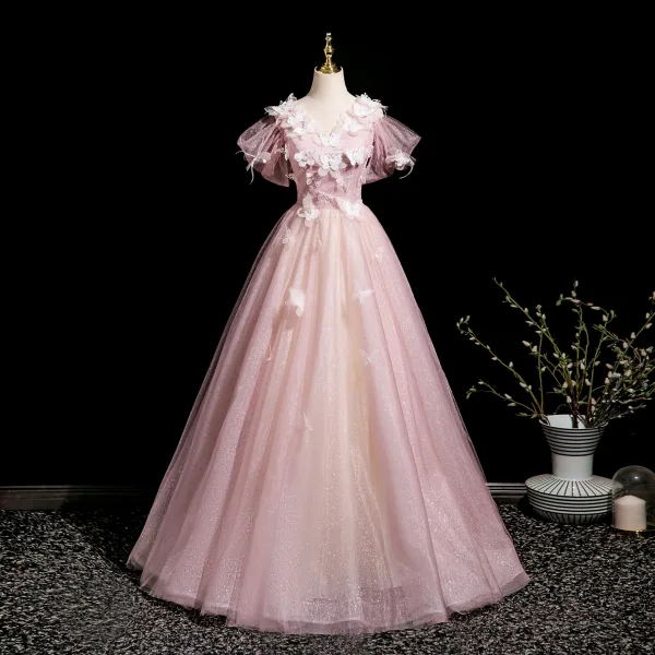 Flower Fairy Blushing Pink Butterfly Appliques Beading Prom Dresses 2025 Ball Gown V-Neck Sleeveless Backless Floor-Length / Long Prom Formal Dresses