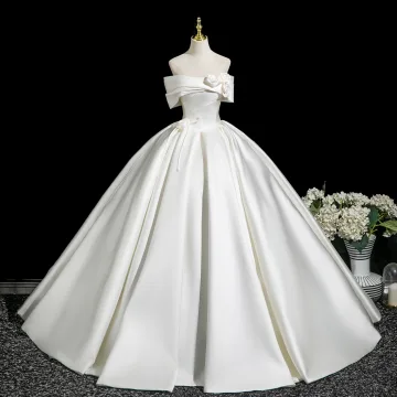 Modest Simple Ivory Appliques Satin Floor Length Long Wedding Dresses 2025 Ball Gown Off The Shoulder Short Sleeve Backless
