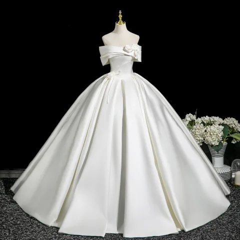 Schlicht Ivory / Creme Applikationen Satin Lange Brautkleider / Hochzeitskleider 2025 Ballkleid Off Shoulder Kurze Ärmel Rückenfreies
