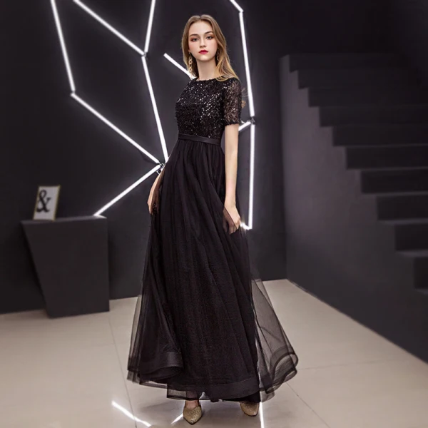 Elegant Gold Prom Dresses 2019 A-Line / Princess Scoop Neck Sequined Short Sleeve Ankle Length Formal Dresses
