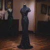 Elegant Black Evening Dresses  2019 Trumpet / Mermaid Scoop Neck Beading Sequins Short Sleeve Backless Sweep Train Formal Dresses