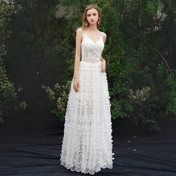 Moderne / Mode Ivoire Plage Robe De Soirée 2019 Princesse Bretelles Spaghetti Appliques Sans Manches Dos Nu Longue Robe De Ceremonie