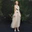 Élégant Champagne Robe De Soirée 2019 Princesse Bretelles Spaghetti En Dentelle Appliques Sans Manches Dos Nu Longueur Cheville Robe De Ceremonie