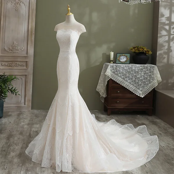 Charming Ivory Trumpet / Mermaid Wedding Dresses 2021 Scoop Neck Lace Flower Short Sleeve Backless Chapel Train Wedding