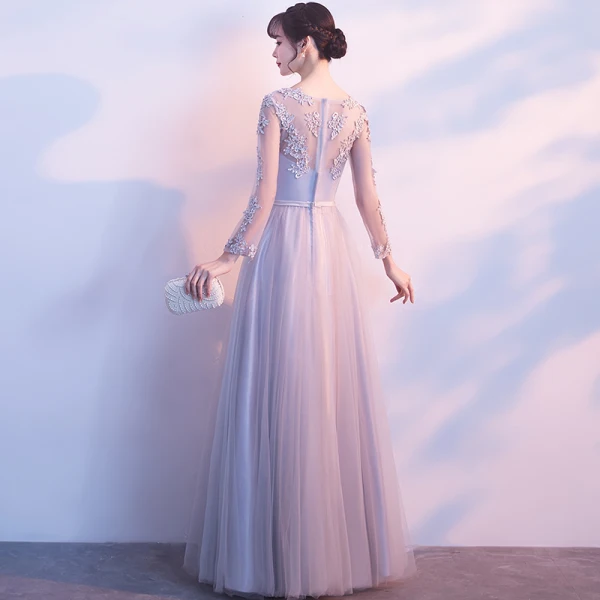 Chic / Beautiful Grey Prom Dresses 2018 A-Line / Princess Appliques Sequins Bow V-Neck Long Sleeve Floor-Length / Long Formal Dresses