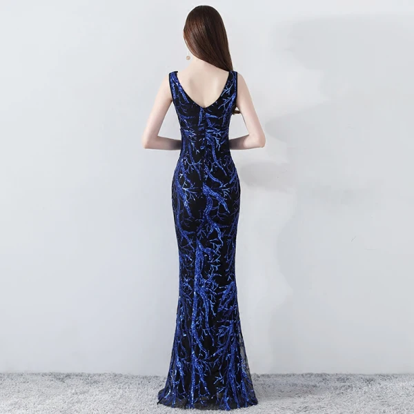 Chic / Belle Bleu Roi Robe De Soirée 2019 Trompette / Sirène V-Cou Sans Manches Paillettes Dos Nu Longue Robe De Ceremonie